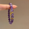 Detail of amethyst beaded bracelet with a gold money bag charm and diamond spacer - 21# Gold Money Bag Purple Bracelet (Exquisite Gift Box)