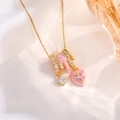 Gold multi-pendant necklace with pink crystal hearts and enamel charms on white silk - Gold Pink Heart Style