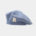 Detailed knit texture of light blue wool beret featuring ivory R letter embroidery - Fog Blue