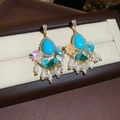Bohemian dangle earrings with turquoise stones, pearls, and crystals in gold finish - Gold-Multicolor-Bohemian Drop