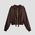 Chaqueta corta con capucha para mujer en marrón oscuro con cremallera y dobladillo acanalado - XS / café