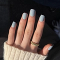 Matte light blue square press-on nails with a golden twisted ring on knit sweater background - Matte Light Blue Style (JP3206) - Glue Type
