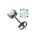 Macro shot of 6mm round opal earrings with black 4-prong setting and butterfly backing - Rainbow Opal Black Claw (E-0233-9)