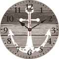 Silent vintage wood wall clock with nautical anchor pattern and rustic ocean theme - Vintage Wood Anchor