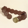 Detail of vintage brown leather disc belt with ornate brass buckle and metal eyelets - Antique Bronze Red Brown / 115cm