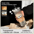 600ml vertical ribbed glass coffee cup with white lid, straw and cork sleeve - Gardenia White 600ml (With White Lettering Wood Grain Sleeve + Eye Stickers)