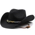 Men's black western cowboy straw hat with vintage star charm and adjustable wind cord - M (56-58cm) / Black