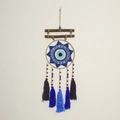 Bohemian Evil Eye dreamcatcher wall hanging with purple and blue tassels on wood stick - 4023A With Wood Stick