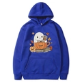Sweat à capuche bleu roi d'Halloween avec imprimés citrouille et fantôme, poignets côtelés - Bleu