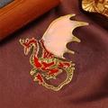 Vintage red and gold dragon brooch with translucent pink wings on brown silk - Red Wings Dragon Lapel Pin