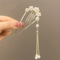 Épingle à cheveux dorée en U avec fleurs en perles blanches et longs glands - Fleurs Abondantes Gland de Perle Épingle à Cheveux (28)