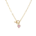 Detail of 18K gold OT buckle necklace with a pink heart pendant and micro-pave crystals - Gold Pink Zirconia