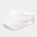 Detail of white polyester sun visor with shimmering iridescent rhinestones on the brim - Adjustable / White
