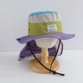 Detail view of breathable mesh panel and sun protection neck flap on kids outdoor hat - 55cm approx 6-12Y / Blue and Purple