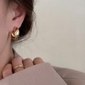 French style gold twisted geometric hoop earrings and minimalist double band ring - Clip-on Style / Gold
