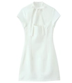 Detail of white mini dress featuring bow tie collar and U-shaped cutout design - White