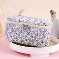 Floral quilted toiletry bag with blue flower pattern, pink handle and dual zippers - Blue Floral