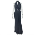 Detail of black halter neck long dress featuring waist knot design and slim fit cut - S / Black