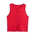 Detail of red knit vest with round neck and four metallic button closures on front - S / Red
