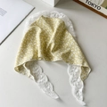 Yellow floral print silk scarf with white lace trim and small flower pattern accents - Daisy Yellow Lace Headscarf