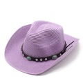 Detail of purple straw cowboy hat featuring black leather band with silver studs and turquoise - Light Purple
