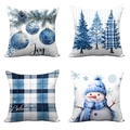 Set van 4 blauwe kerstkussenslopen met sneeuwpop en dennenboom patronen - Fris Blauw Aquarel Winter Set
