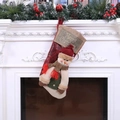 Vintage Christmas stocking featuring a snowman design in red and beige burlap fabric - Embroidered Snowman