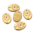 Golden oval stainless steel bohemian pendants with pink rhinestones and flower engravings - Red