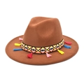 Close-up of brown wool fedora hat with colorful ethnic bohemian tassel band - M (56-58cm) / Khaki