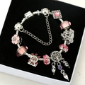 Silver plated DIY charm bracelet with pink crystal beads and Ferris wheel pendant - Silver Bracelet - A