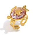 Verstellbarer, 18 Karat vergoldeter Fischring mit Schildkröte und lila Steineinlage - Schildkröte Emaille Muschel Offener Ring (Gold-Lila)