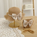 Ensemble chapeau de paille pour enfant et sac assorti avec nœud floral en dentelle - S (Enfants 52cm 1-6 ans) / Chapeau Kaki + Sac