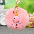 Pink plush duck keychain with golden crown, sparkling rhinestones and a soft pompom charm - Single OPP Bag Packaging / Pink Duck + Pink Plush Ball