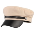Detalle de gorra marinera beige con visera de cuero negro y botones de metal plateado con relieve - M (56-58cm) / Color Piel