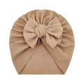 Soft beige knotted bow baby beanie in waffle knit fabric for newborns and infants - One Size / Coffee