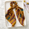 Mustard yellow satin ponytail scarf scrunchie with vintage equestrian chain pattern - Yellow Chain