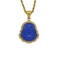 Detail of gold-tone necklace with a blue Buddha pendant surrounded by sparkling crystals - Blue
