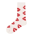 Street style white cotton crew socks featuring red lip prints and ribbed cuffs - 08 (Red Lips)
