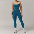Zweiteiliges Yoga-Set mit pfauenblauem Neckholder-Top und High-Waist-Leggings mit Paspelierung - S / Tank + Lange Hose / Tiefseeblau