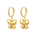 Golden 18K plated stainless steel hoop earrings with 3D bow and heart pendant - Bowknot (MS-476) / Gold