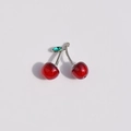 Realistic 3D red cherry pendant with silver stem and green gemstone leaves for DIY jewelry - Silver Stem Wine Red Cherry with Zirconia