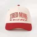 Detail view of the TIRED MOMS high-quality 3D embroidery on this bicolor baseball cap - One Size / Off-white Spliced Red