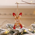 Wooden Christmas ski pendants with red snowflake print and silver bells on pine branches - Ski Sled Pendant / Red