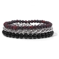 Three-piece bracelet set with deep red stone beads, silver steel chain and black beads - Bloodstone / Silver Chain