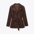 Chaqueta de gamuza marrón oscuro para mujer con solapa, cinturón y cierre de botones - XS / Marrón Oscuro