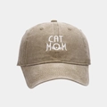 Macro shot of CAT MOM embroidery and distressed cotton fabric on the baseball cap - Adjustable / Khaki
