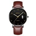 Business men's luminous quartz watch with dark brown leather strap and black dial - Black Dial Gold Hands Black Case Brown Leather Strap