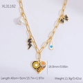 Golden chunky chain necklace with heart, pearl, lightning, and evil eye charms - XL31162 Heart Lightning Pendant Style