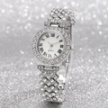 Close-up of silver quartz watch with rhinestone-studded bezel and Roman numeral dial - Silver Single Watch