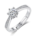 Silver adjustable moissanite ring featuring a round cut center stone in six-prong setting - Six-prong Stone-set Ring [plated White Gold] Ljz-55 / Adjustable Open